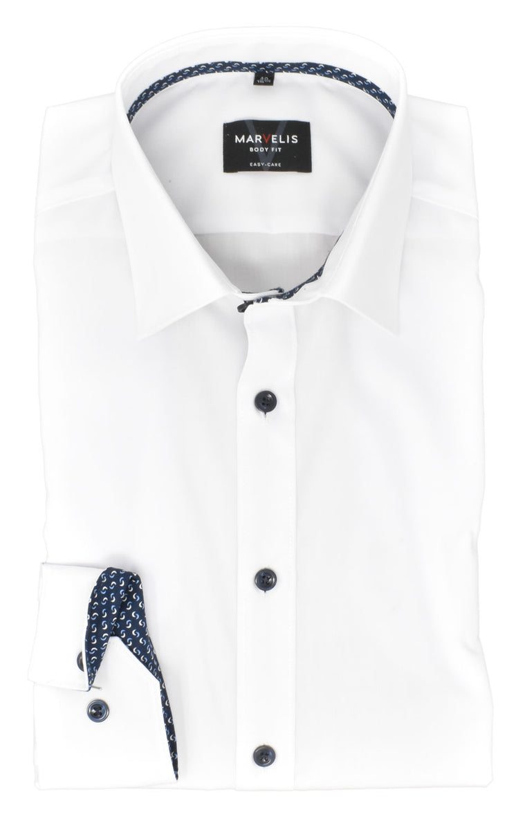 Marvelis Langarm-Hemd Kentkragen Einfarbig Weiß 100% Baumwolle bügelleicht  –