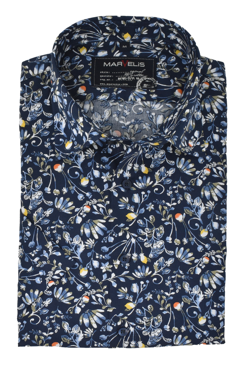 Hemd - Casual Fit - Kurzarm - Floral - Dunkelblau