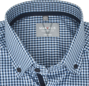 Marvelis Herren Businesshemd Comfort Fit Button Down Kragen Langarm Kariert Blau
