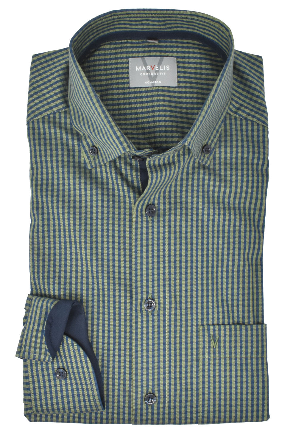 Marvelis Herren Businesshemd Comfort Fit Button Down Kragen Langarm Kariert Grün/Blau