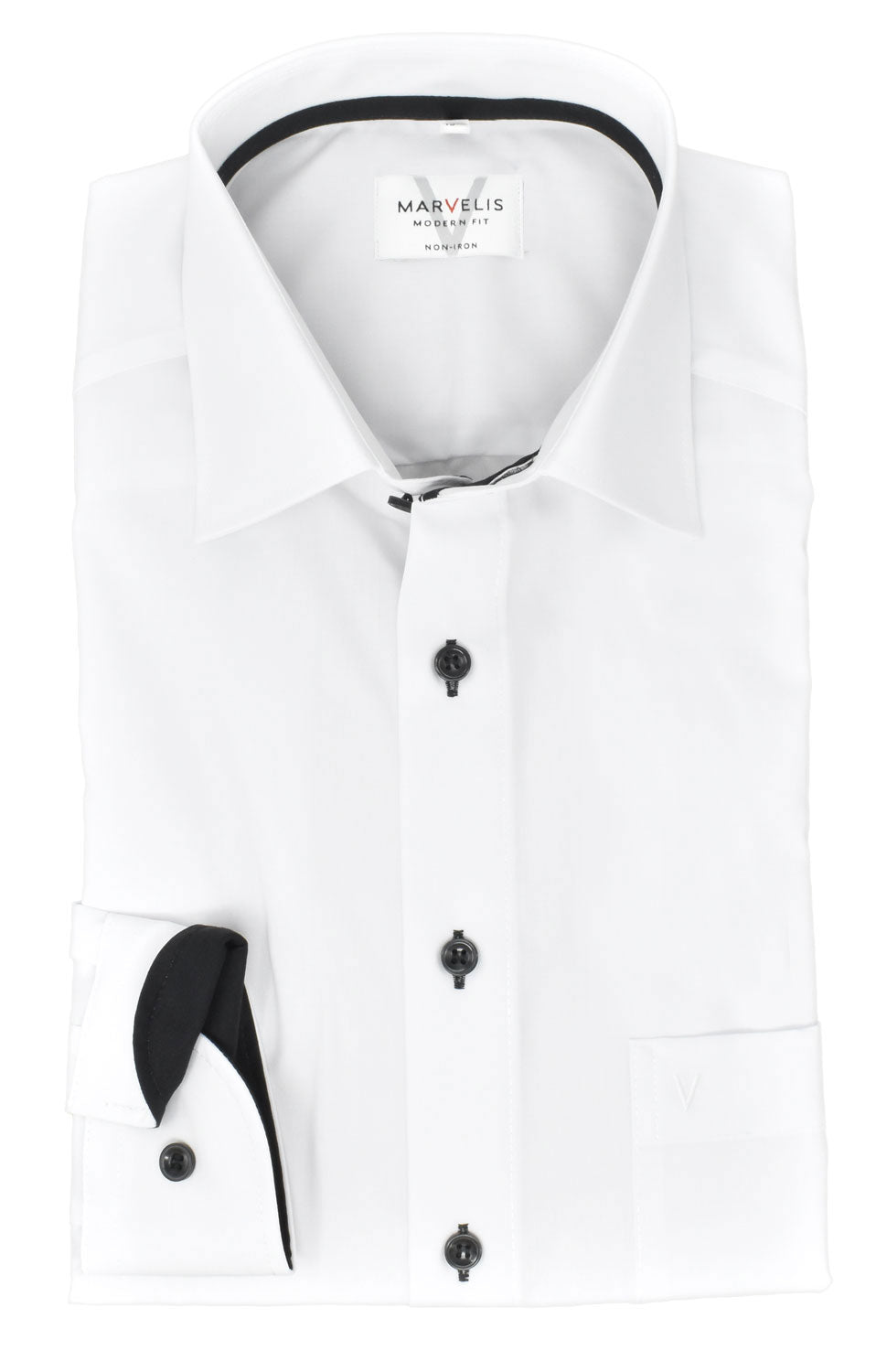Marvelis Herren Businesshemd Modern Fit Kent Kragen Langarm Einfarbig Weiß