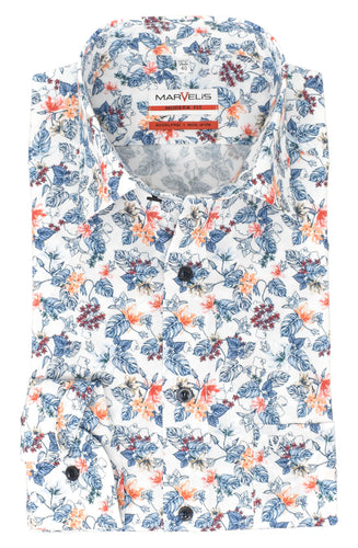 Businesshemd - Modern Fit - Langarm - Florales Muster - Weiß/Blau/Rot
