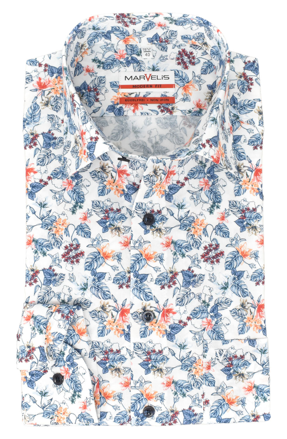 Businesshemd - Modern Fit - Langarm - Florales Muster - Weiß/Blau/Rot