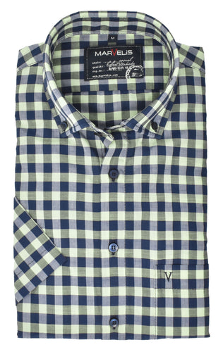Kurzarmhemd - Casual Fit - Kurzarm - Kariert - Dunkelblau/Hellgrün