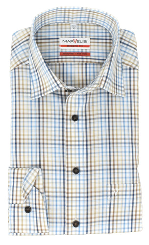 Businesshemd - Modern Fit - Langarm - Kariert - Braun/Blau/Weiß