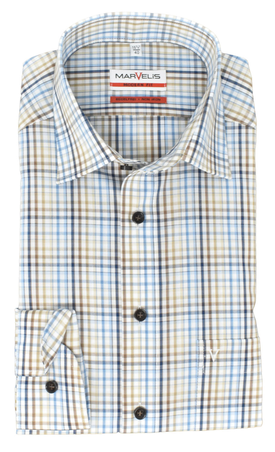Businesshemd - Modern Fit - Langarm - Kariert - Braun/Blau/Weiß