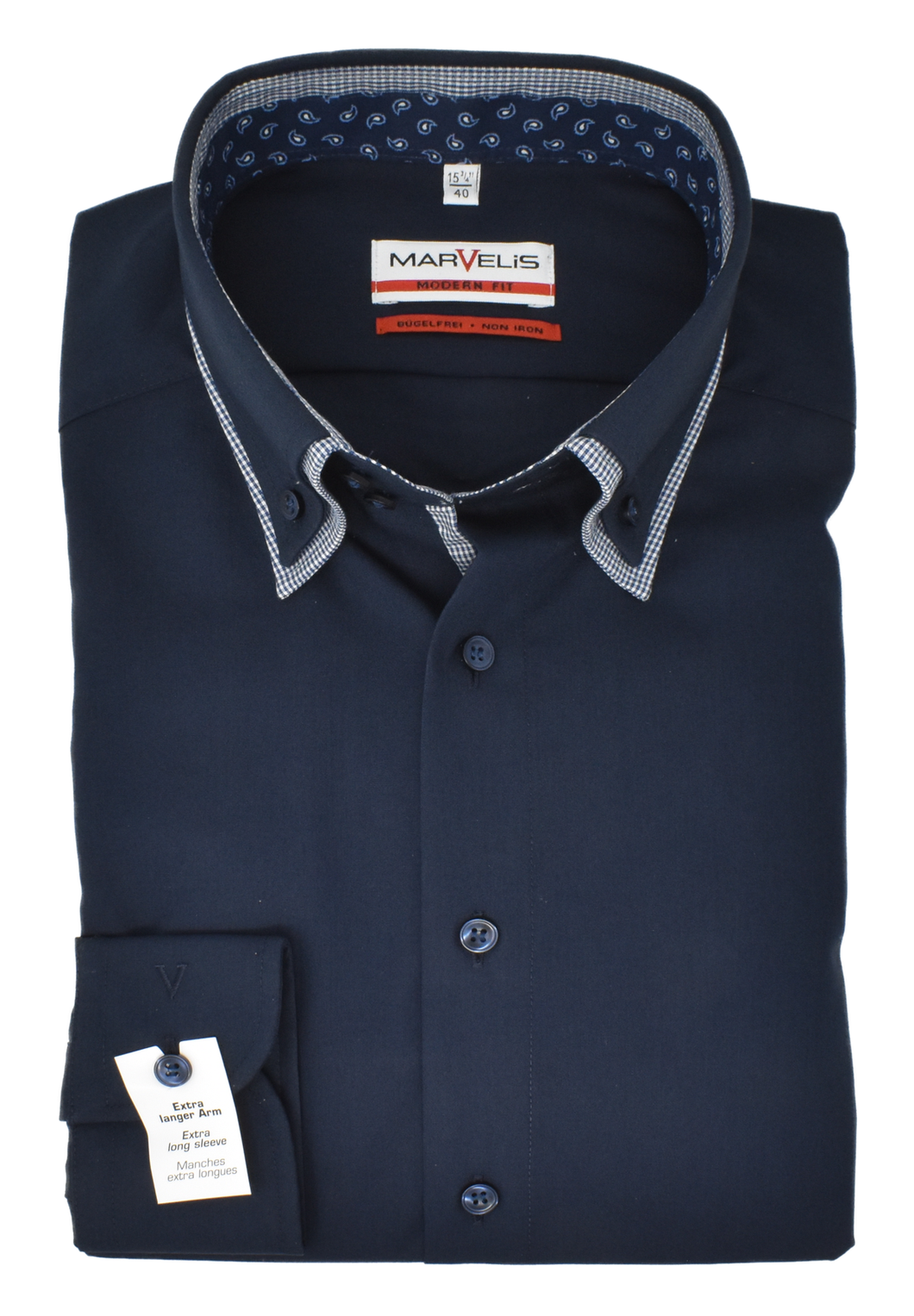 Marvelis Modern Fit Hemd ELA 69cm bügelfrei dunkelblau Doppelkragen Button Down reine Baumwolle