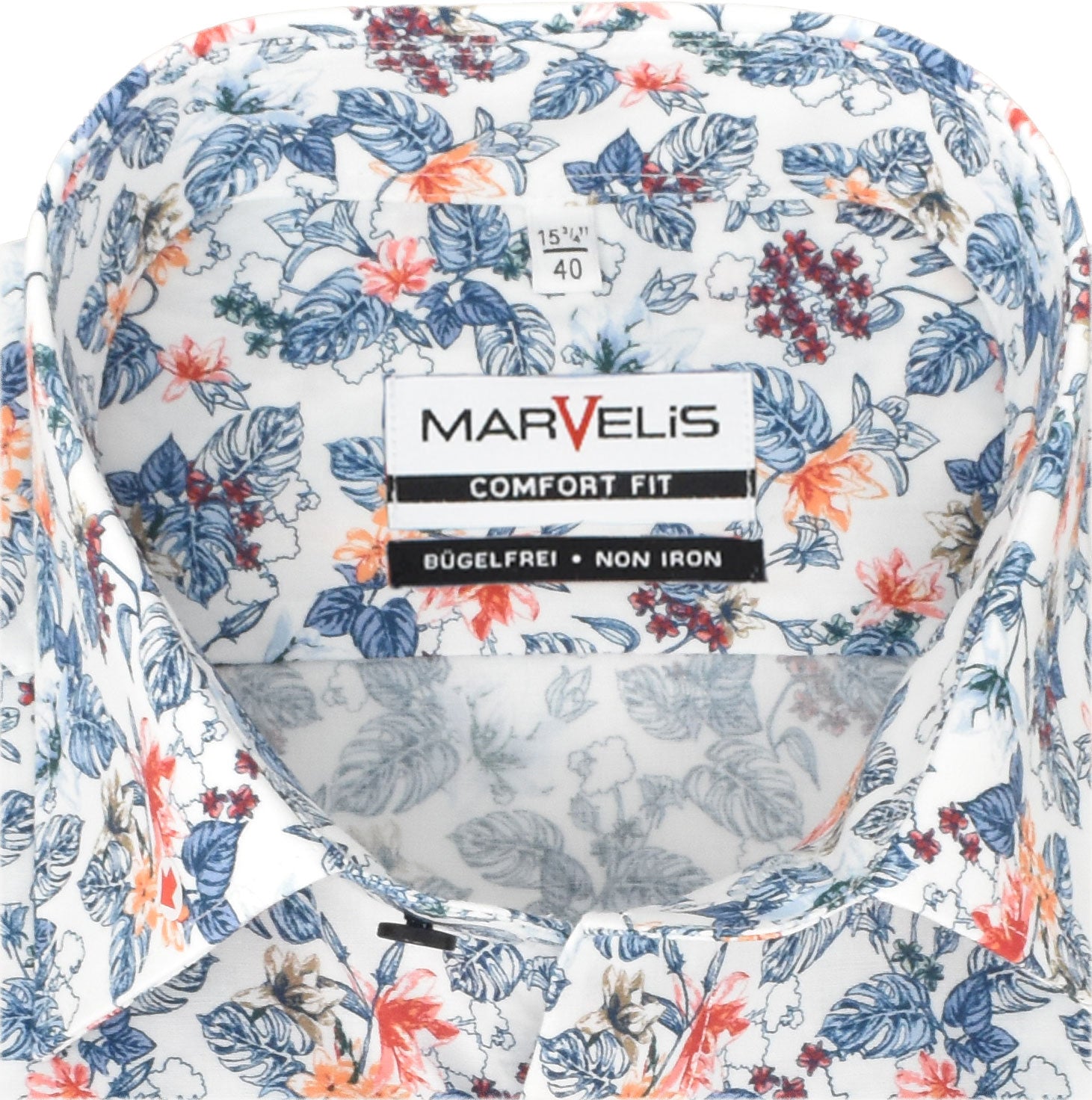 Kentkragen – Weiß/Blau/Rot Marvelis 100% Langarm-Hemd bügelfrei Baumwolle Florales Muster