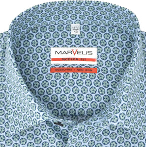 Marvelis Herren Kurzarmhemd Modern Fit Kent Kragen Kurzarm Muster Hellblau/Grün