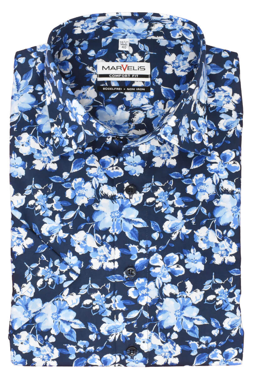 Businesshemd - Comfort Fit - Kurzarm - Florales Muster - Dunkelblau