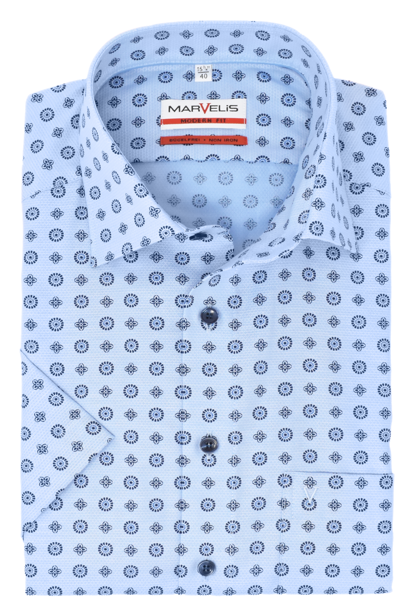 Marvelis Herren Businesshemd Modern Fit Kent Kragen Kurzarm Muster Hellblau