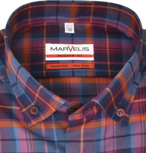 Marvelis Herren Businesshemd Modern Fit Button Down Kragen Langarm Kariert Bordeaux/Dunkelblau/Orange