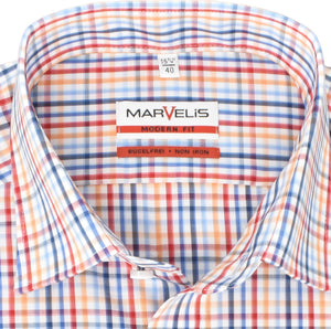 Marvelis Herren Businesshemd Modern Fit Kent Kragen Langarm Kariert Blau/Rot/Weiß