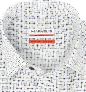 Marvelis Herren Businesshemd Modern Fit Kent Kragen Langarm Muster Blau/Khaki/Weiß