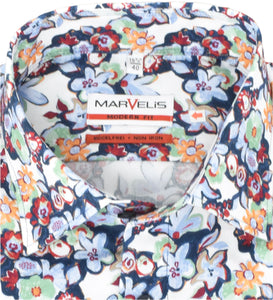 Marvelis Herren Businesshemd Modern Fit Kent Kragen Langarm Florales Muster Bunt