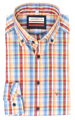 Marvelis Herren Businesshemd Modern Fit Button Down Kragen Extra Langer Arm 69cm Kariert Bunt