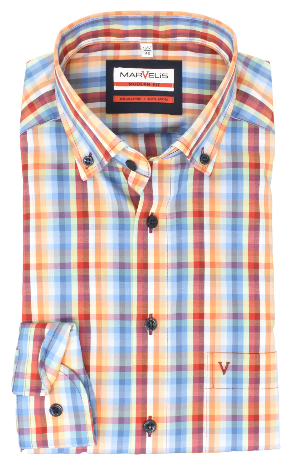 Marvelis Herren Businesshemd Modern Fit Button Down Kragen Extra Langer Arm 69cm Kariert Bunt