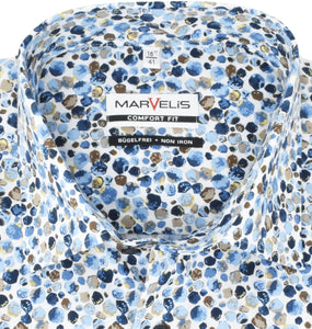 Marvelis Herren Businesshemd Comfort Fit Kent Kragen Langarm Muster Blau/Braun/Weiß