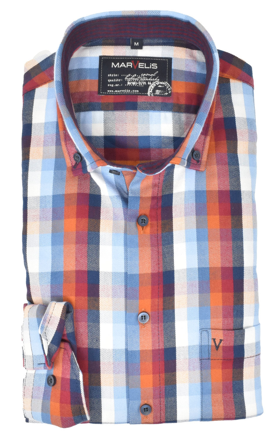 Marvelis Herren Flanellhemd Casual Fit Button Down Kragen Langarm Kariert Rot/Blau