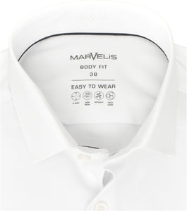 Marvelis Herren Easy To Wear Hemd Body Fit Kent Kragen Langarm Stretch Einfarbig Weiß