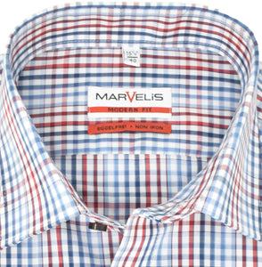 Marvelis Herren Businesshemd Modern Fit Kent Kragen Langarm Kariert Rot/Blau/Weiß