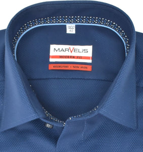 Marvelis Herren Businesshemd Modern Fit Kent Kragen Extra Langer Arm 69cm Struktur Dunkelblau