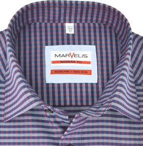 Marvelis Herren Businesshemd Modern Fit Kent Kragen Langarm Kariert Bordeaux/Blau