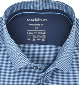 Marvelis Herren Easy To Wear Hemd Modern Fit Kent Kragen Langarm Stretch Kariert Blau