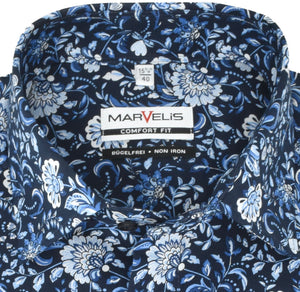 Marvelis Herren Businesshemd Comfort Fit Kent Kragen Langarm Florales Muster Blau