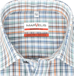 Marvelis Herren Businesshemd Modern Fit Kent Kragen Langarm Kariert Blau/Orange/Weiß
