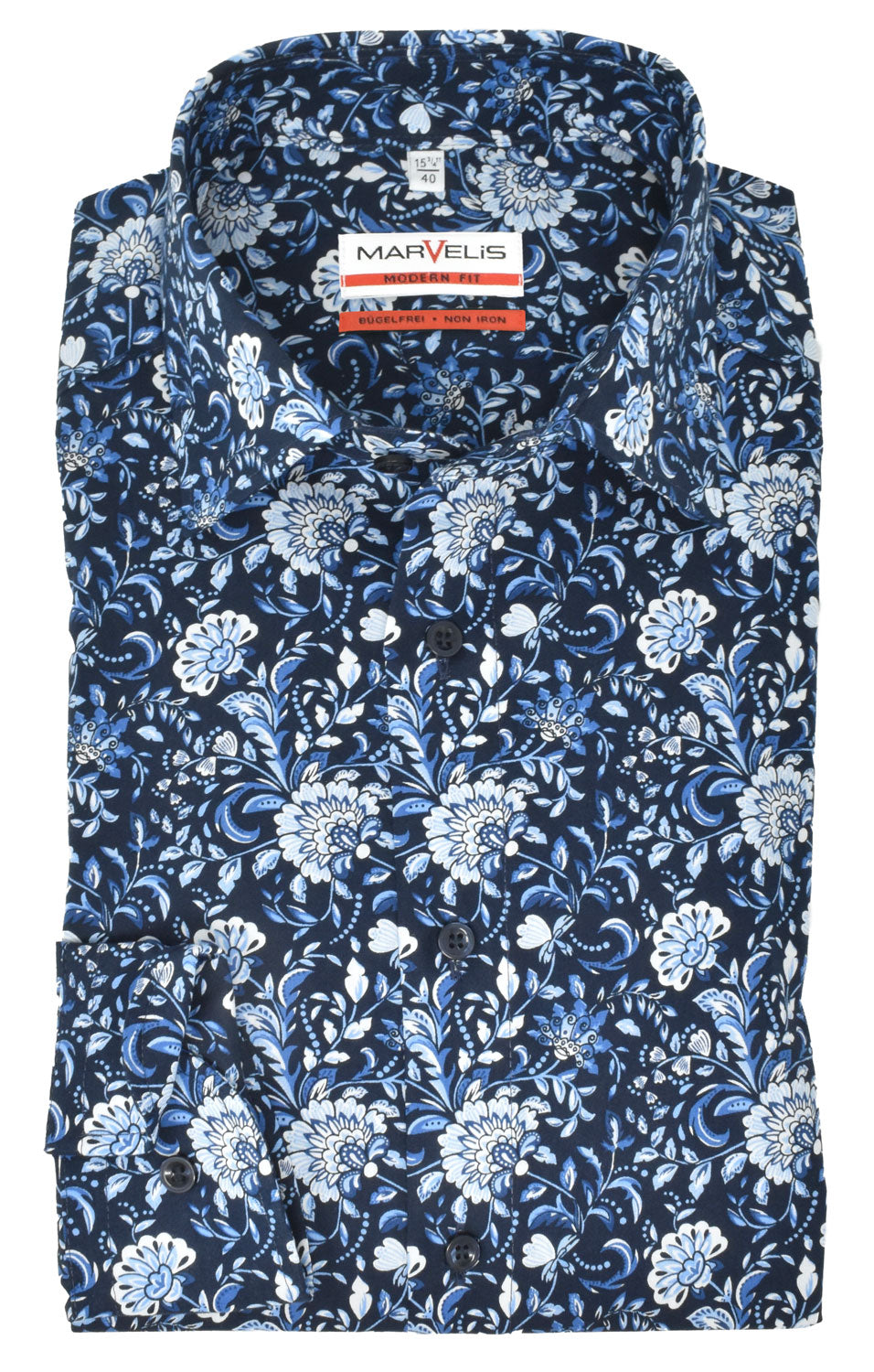 Marvelis Herren Businesshemd Modern Fit Kent Kragen Extra Langer Arm 69cm Florales Muster Blau