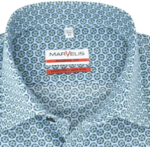 Marvelis Herren Businesshemd Modern Fit Kent Kragen Langarm Muster Grün/Blau