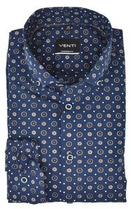 Venti Herren Businesshemd Modern Fit Kent Kragen Langarm Muster Dunkelblau/Braun