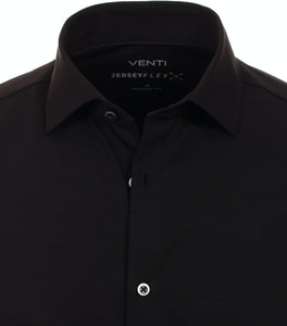 VENTI Herren Jerseyhemd Modern Fit Kent-Kragen Langarm Einfarbig Schwarz