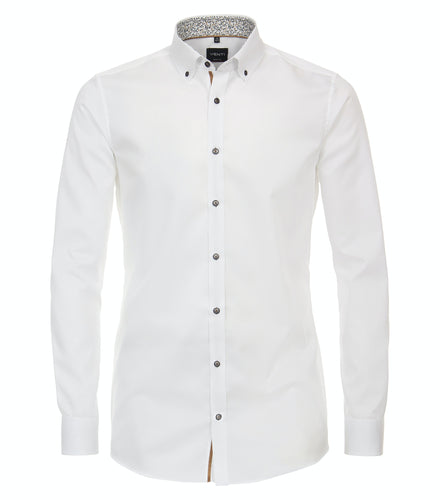 VENTI Herren Businesshemd Body Fit Button-Down-Kragen Langarm Einfarbig Weiß